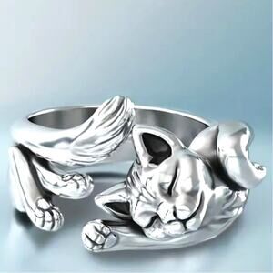 Silver Cat Ring Adjustable Kitty kitten Christmas Birthday Halloween Gift - NEW!